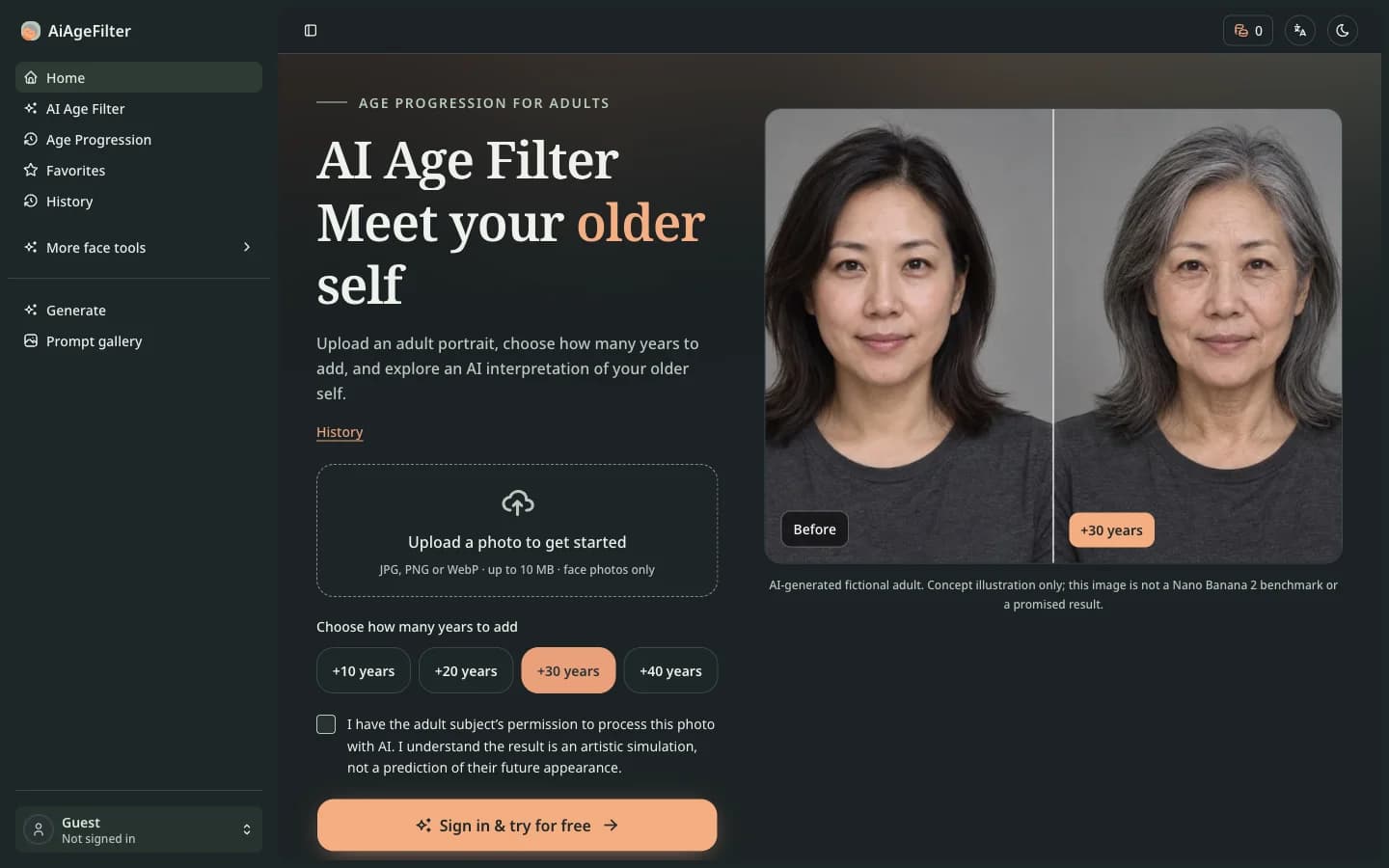 AiAgeFilter 照片上传、年龄选项与前后对比界面