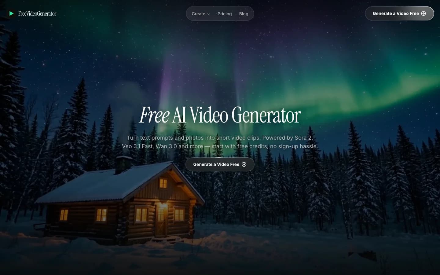 FreeVideoGenerator homepage with an aurora video backdrop and generation entry point