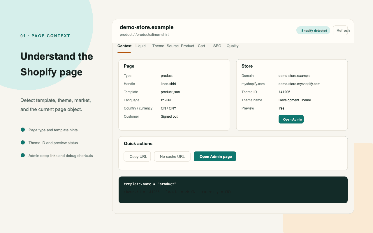 Shopify Liquid DevTools showing storefront page and theme context